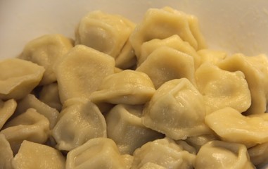 Fototapeta na wymiar Homemade dumplings in a white bowl