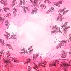 Watercolor background, blot, blob, splash of pink, red paint. Wild grass, bushes, country abstract landscape. Watercolor card, banner. Mint leaves, parsley, basil, lettuce in the garden. Flowering