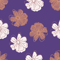 Obraz premium Floral seamless pattern in purple and coffee colors for package design, web, fabric, wrapping paper, gifts. Coffee white flowers wallpaper for background in trendy cute hand drawn style
