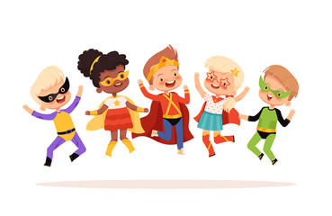 Superhero kids jumping, laughing and having fun. Vector illustration