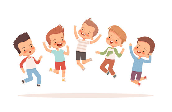 A group of joyful boys jumping and having fun. Vector illustration