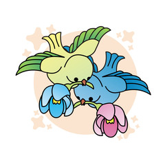 Illustration of Green and Blue Birds Bring Flowers Cartoon, Cute Funny Character, Flat Design