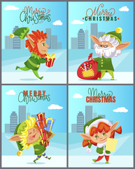 Christmas greeting cards with elves and cityscape, Xmas gifts and Santa helpers. Skyscrapers and fairy tale characters in costumes carrying presents. Winter holiday postcards vector illustrations