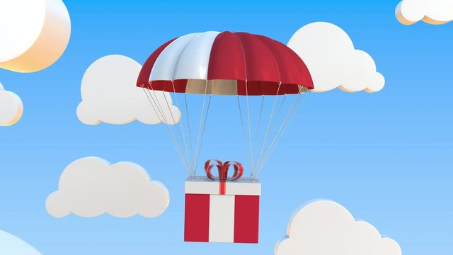 Box with national flag of Peru falls with a parachute. Loopable conceptual 3D animation