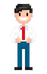 Male wearing tie and suit vector, isolated character of pixel vintage game, 8bit or 16bit resolution, businessman with urban style of clothes