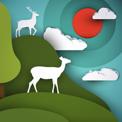 Two deers on green hills in paper cut trendy craft cartoon style. Minimalistic creative modern design for advertising, branding background greeting card, cover, poster, banner. Vector illustration.