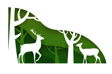 Two deers on green forest in paper cut trendy craft cartoon style. Minimalistic creative modern design for advertising, branding background greeting card, cover, poster, banner. Vector illustration.