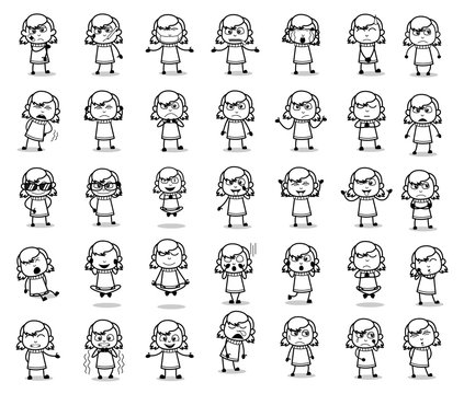 Drawing of Cartoon Teen Girl Poses - Set of Concepts Vector illustrations