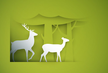 Two deers on green forest in paper cut trendy craft cartoon style. Minimalistic creative modern design for advertising, branding background greeting card, cover, poster, banner. Vector illustration.
