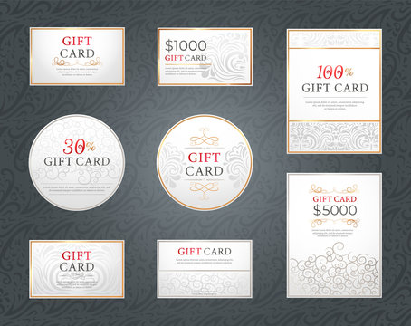 Collection of cost reductions and gift cards banners. Isolated squared and rounded vouchers and coupons. Presents for anniversary or birthday. Set of rewards with money sum. Vector in flat style - Powered by Adobe