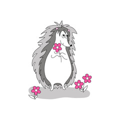 vector funny cartoon hedgehog animal with flower present on white childish pattern card