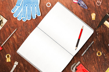 Work tools on desk top view