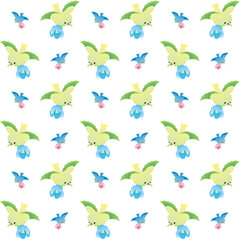 The Amazing of Cute Blue and Green Birds Bring Flowers Illustration, Cartoon Funny Character, Pattern Wallpaper