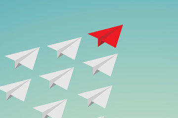 Flat design Leadership teamwork and courage concept. red paper plane and many white ones on sky