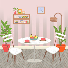 Living room interior, white dining table with cups and plate with fruits. Big plants in pots, shelf with books and clock on wall. Sweet home. Vector illustration in flat cartoon style
