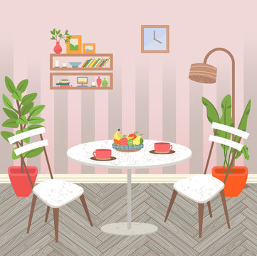 Living room interior, white dining table with cups and plate with fruits. Big plants in pots, shelf with books and clock on wall. Sweet home. Vector illustration in flat cartoon style