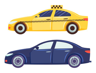 Two cars isolated on white background. Yellow taxi for people transportation. Dark blue small hatchback or sedan. Vehicle to drive and get your destination quickly. Vector illustration in flat style