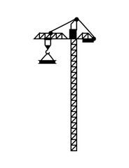 High lift construction with hook and load, crane in black color and flat design style, modern equipment for raising building objects, machine vector