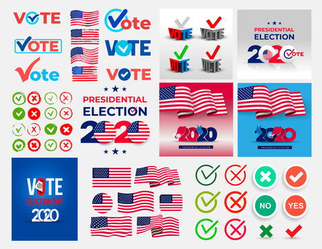 Big set of 2020 United States of America Presidential election. Design logo. Political symbols of an elephant and donkey. Collection of Vote and flags vector illustration isolated on white background.