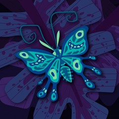 Dark blue butterfly on purple jungle leaves at night