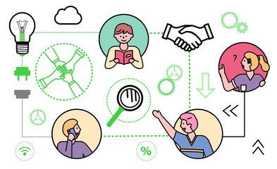 Teamwork connection, people in circle frames and icons in line style. Kid reading book generating ideas for business. Magnifying glass, handshake and bulb, cloud and gear tool vector in flat