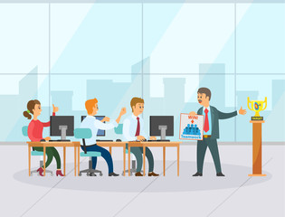 Colleagues creative leadership strategy, teamwork target. Man and woman employees working with computer, manager standing near award, winner vector