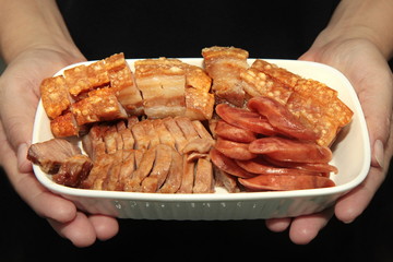 Deep fried Chinese sausage,red herb pork and crispy streaky pork