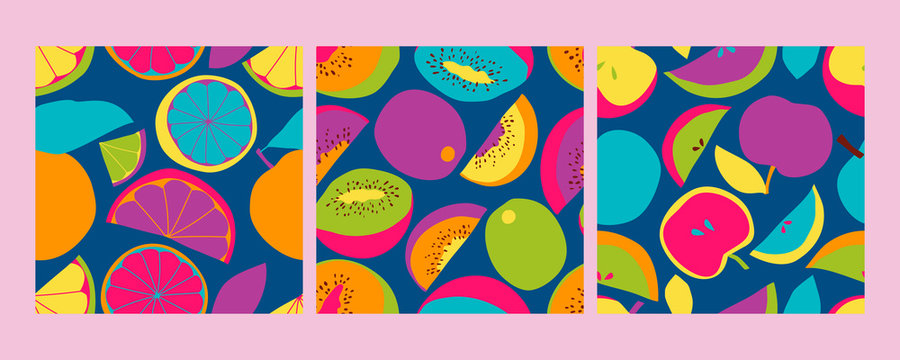 Various of colorful fruits, apples, kiwi and orange. Hand drawn colored trendy vector illustration. Colorful Seamless pattern. Flat design. Eps 10.