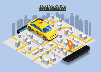 Taxi service isometric. Smartphone with city map route and points location yellow car
