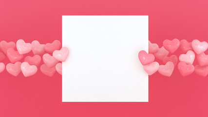 Hearts frame background. Valentines day wallpaper. 3d illustration. Wedding or marriage celebration. Romantic poster or banner hearts backdrop. Pastel pink love. Place for text.