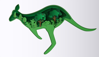 Paper art style of kangaroo with many plants, origami save the planet and energy concept.
