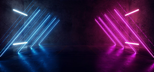 Cyber Virtual Reality  Construction Sci Fi Neon Glowing Futuristic Purple Blue Lines On Grunge Garage Concrete Rough Texture Car Parking Tunnel Corridor 3D Rendering © IM_VISUALS