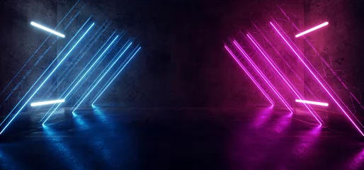 Cyber Virtual Reality Bau Sci Fi Neon leuchtende futuristische lila blaue Linien auf Grunge Garage Beton raue Textur Auto Parktunnel Korridor 3D-Rendering © IM_VISUALS