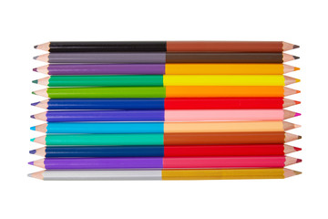 Set of double colored pencils isolated on white background. Colored pencil, two sided.