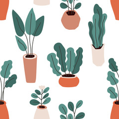 Fond de modèle sans couture de thème de jardinage à la maison mignon, plantes dessinées à la main à la mode dans des pots dans un style plat simple