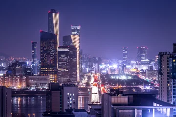 Abwaschbare Fototapete Seoel Seoul City und Wolkenkratzer, Youido bei Nacht, Südkorea.