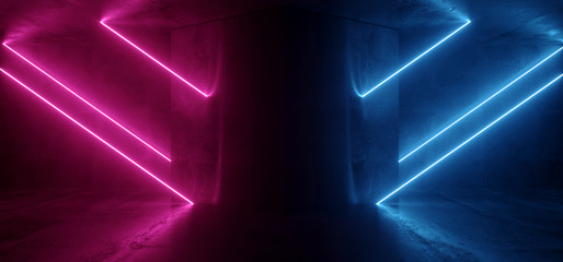 Sci Fi Futuristic NEON Beam Laser Tubes Lines Triangle Shaped Column Concrete Grunge Reflective Warehouse Garage Parking Room Underground Purple Blue Red 3D Rendering