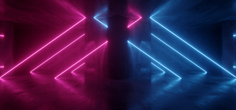 Sci Fi Futuristic NEON Beam Laser Tubes Lines Triangle Shaped Column Concrete Grunge Reflective Warehouse Garage Parking Room Underground Purple Blue Red 3D Rendering © IM_VISUALS