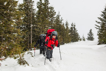 Hikers on the trail in the deep snow high in the mountains.