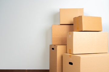 Close up photo of a stack of moving boxes