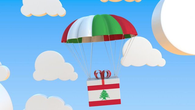 Carton with flag of Lebanon falls with a parachute. Loopable conceptual 3D animation