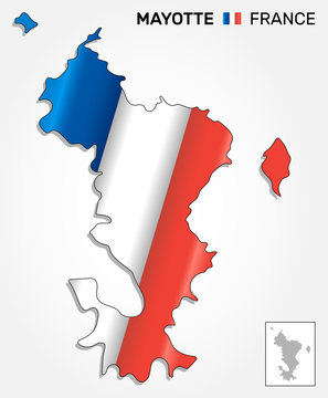 Map of french overseas region Mayotte combined with waving french national flag. Silhouette or borders for geographic themes - Vector