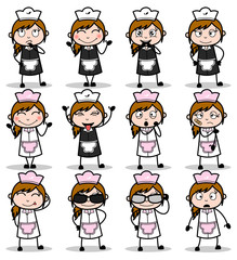 Comic Female Waitress - Set of Concepts Vector illustrations