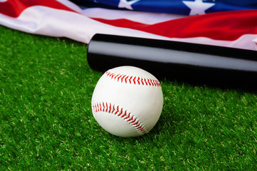 Baseball bat and ball with american flag on grass