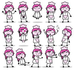 Various Cartoon Waitress Poses Collection - Set of Concepts Vector illustrations