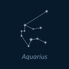 Science astronomy, stars on deep blue background. Vector night sky and zodiac. Aquarius constellation.