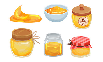 Sugary Honey in Jars and Ceramic Bowls Vector Set