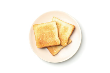 Plate with tasty toasts isolated on white background, top view