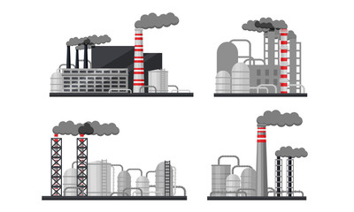 Obraz premium Industrial Buildings and Factories Vector Set. Plants with Chimneys Discharging Manufacturing Smoke