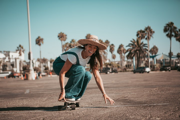 profi skater on a parking spot at santa monica. california